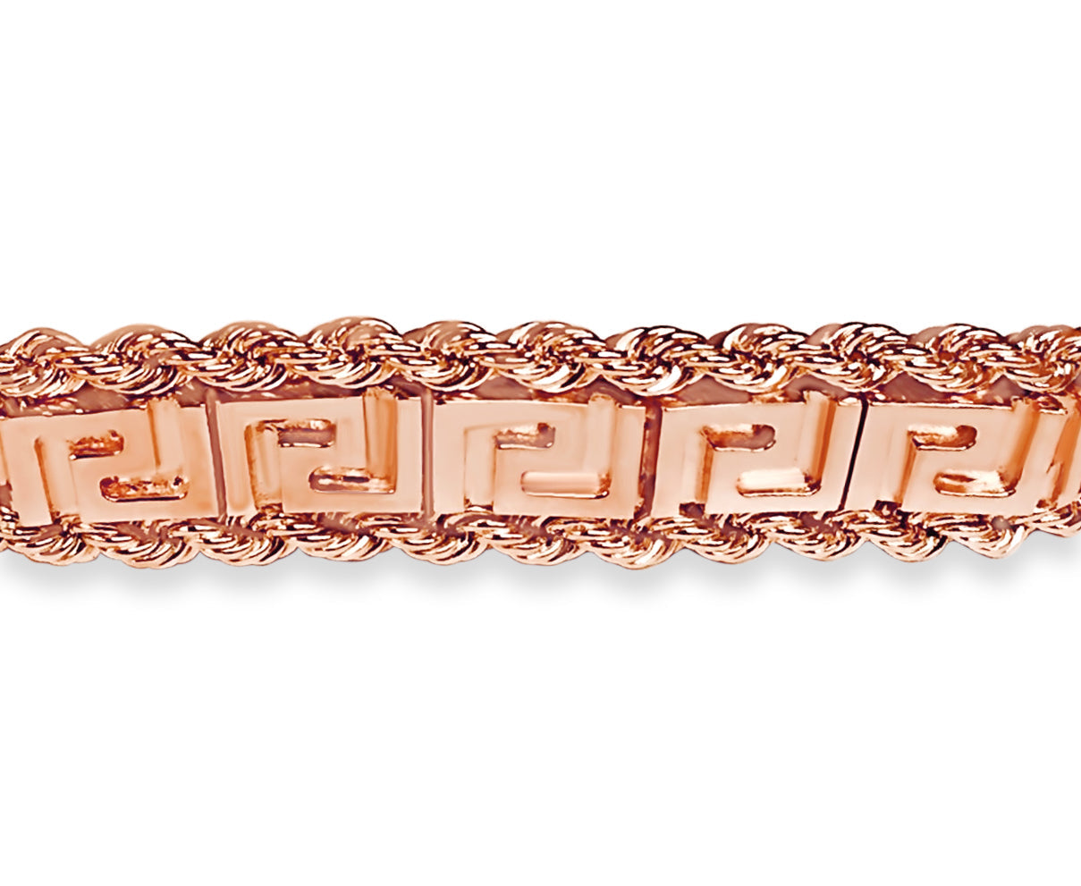 Rope & Greek Key Solid White/Yellow/Rose Gold Handmade Bracelet , 12mm, 6.5-10 Inch
