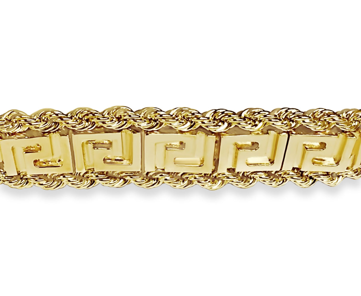Rope & Greek Key Solid White/Yellow/Rose Gold Handmade Bracelet , 12mm, 6.5-10 Inch