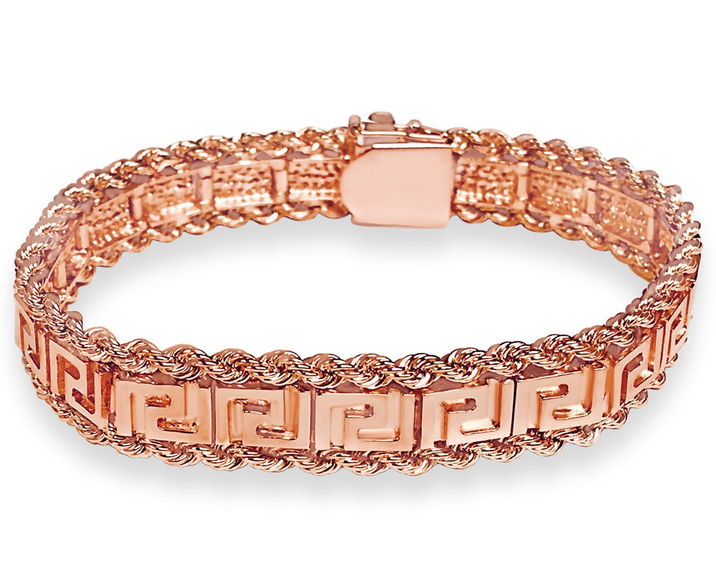 Rope & Greek Key Solid White/Yellow/Rose Gold Handmade Bracelet , 12mm, 6.5-10 Inch
