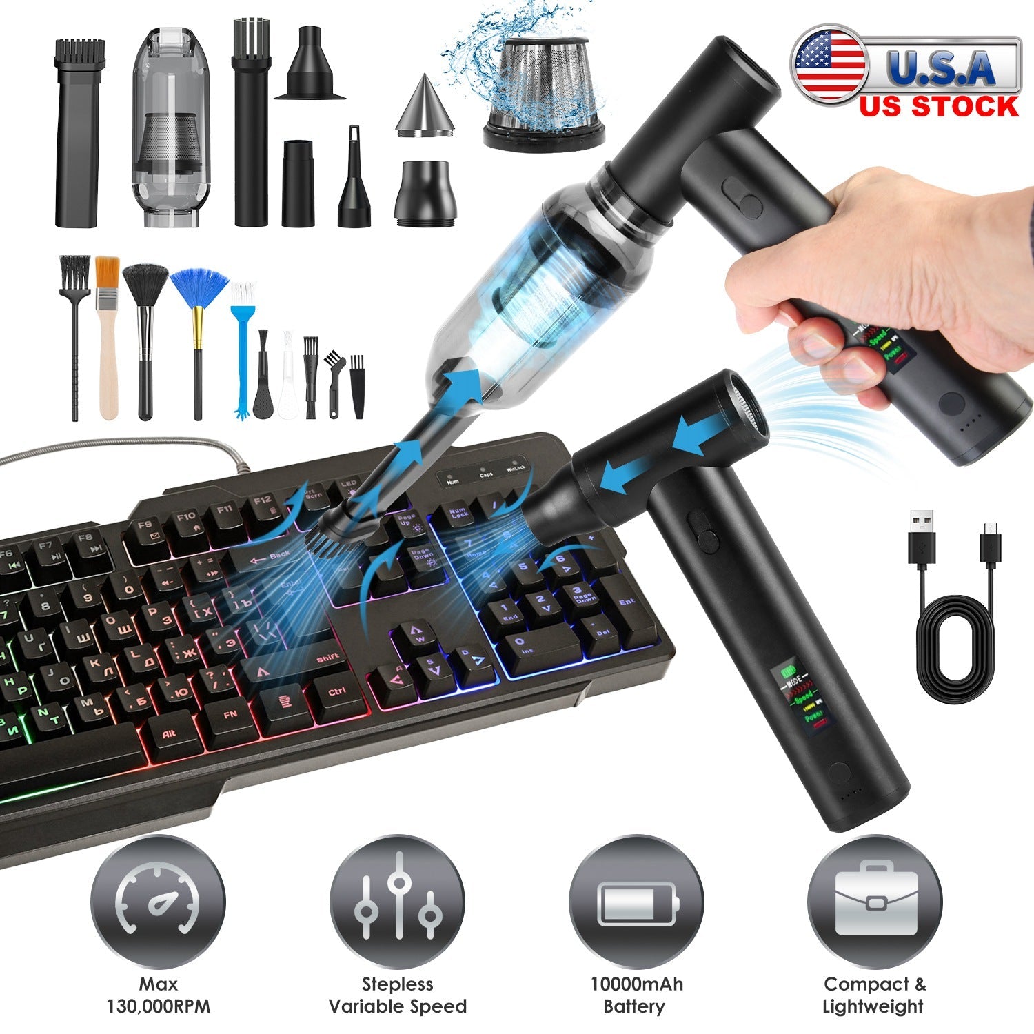 Compressed Air Duster Brushless Motor 130000RPM Stepless Variable Speed 1WmAh Battery Cordless Dust Blower Vacuum Cleaner Portable Jet Dry Blower for