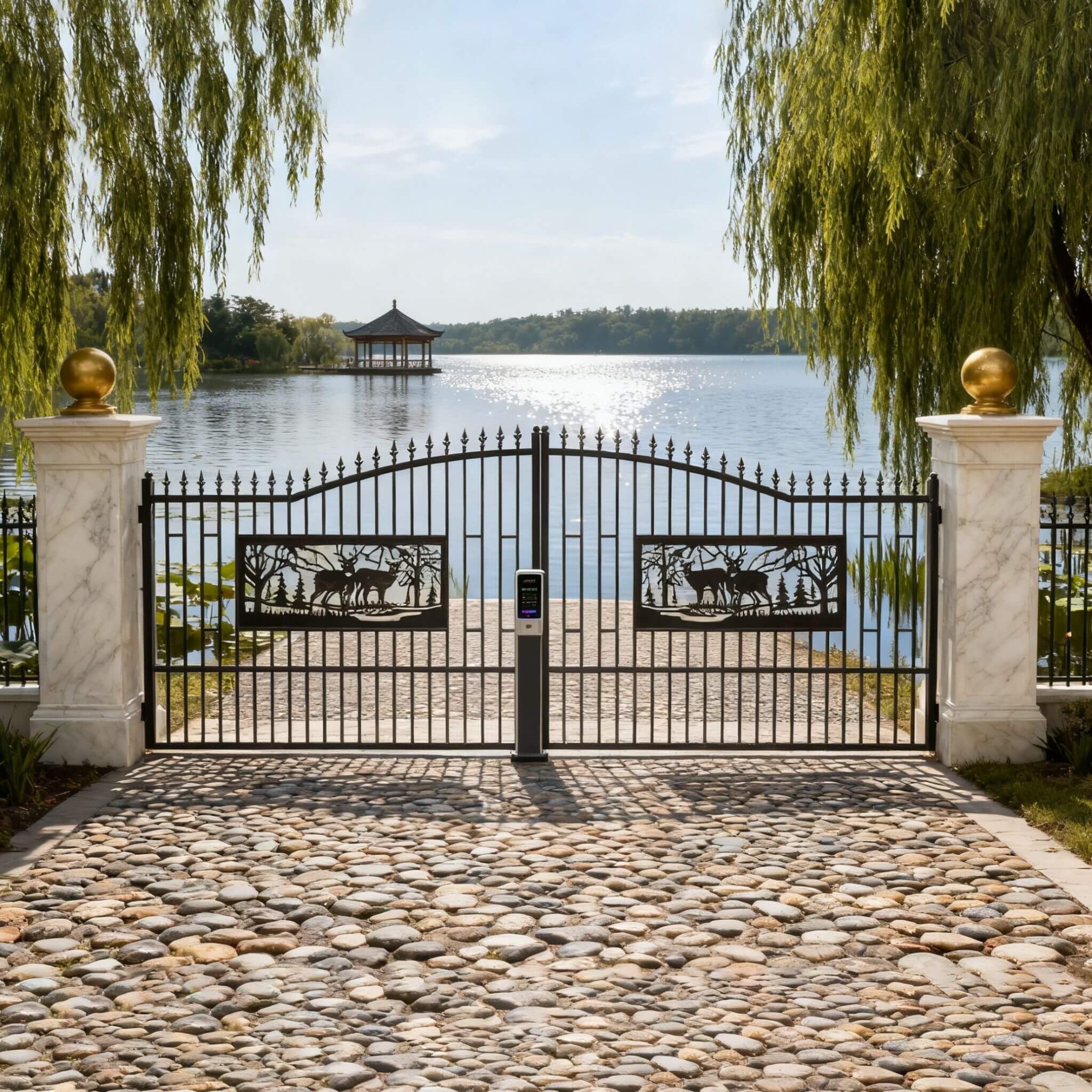 [07X20FT] Heavy-Duty Deer Motif Style Bi-Parting Galvanized Steel Driveway Entrance Gate (SAK68731)