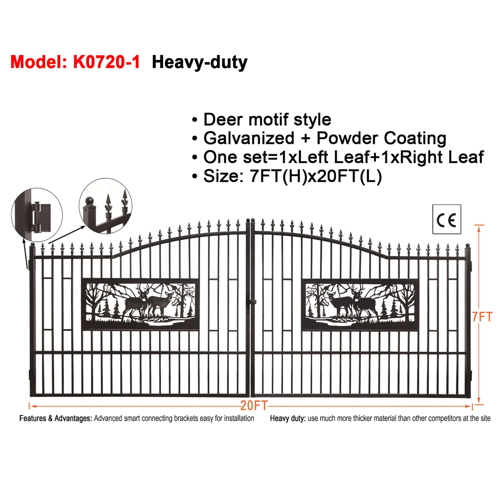 [07X20FT] Heavy-Duty Deer Motif Style Bi-Parting Galvanized Steel Driveway Entrance Gate (SAK68731)