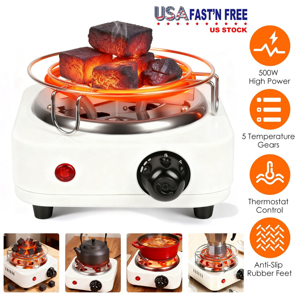 Electric Charcoal Burner 500W Hookah Charcoal Burner Compact Coal Burner for Hooka Cubes Shisha with Grill and Tongs 5 Temperature Gears 338℉-1022℉ Th