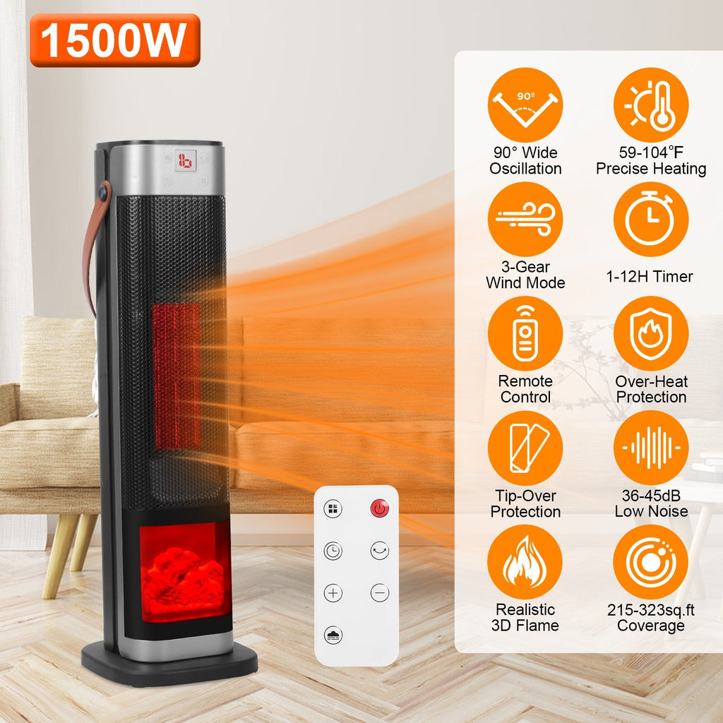 1500W Oscillating Ceramic Tower Space Heater with 3D Flame Portable Electric Heater with 3 Wind Modes 59-104℉Heating Remote Control 12H Timer Overheat