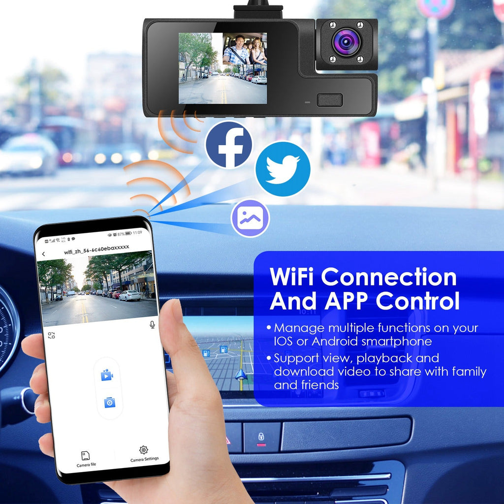 WiFi FHD 1080P Car Dash Cam 3 Channels Front Rear Inside Dash Camera with Loop Recording Reversing Visual 170° Wide Angle 64G Card Included