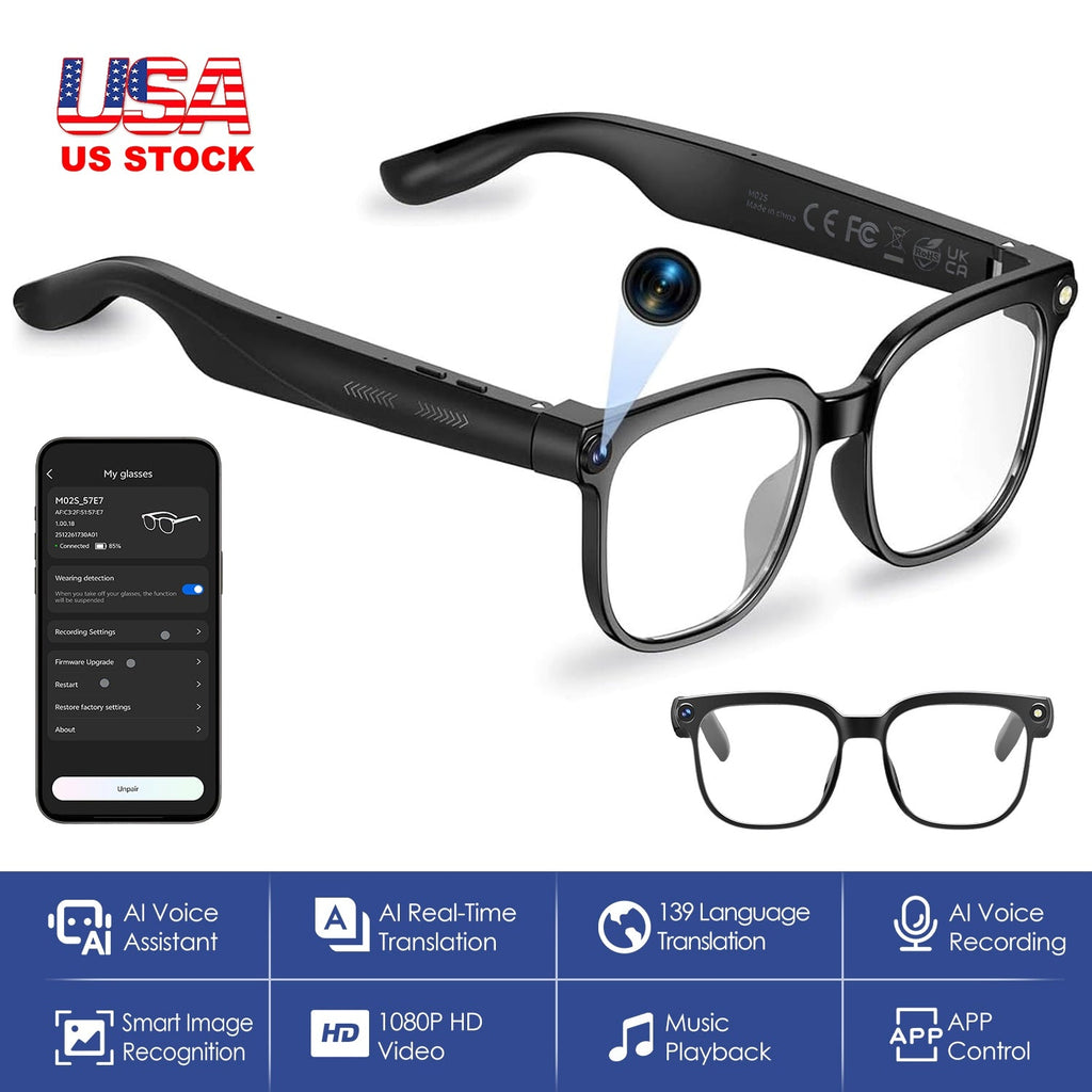 AI Smart Glasses Video Recording Sunglasses with Camera and Audio 8MP HD1080P Real Time Translation 139 Languages Voice Assistant AI Photo Recognition