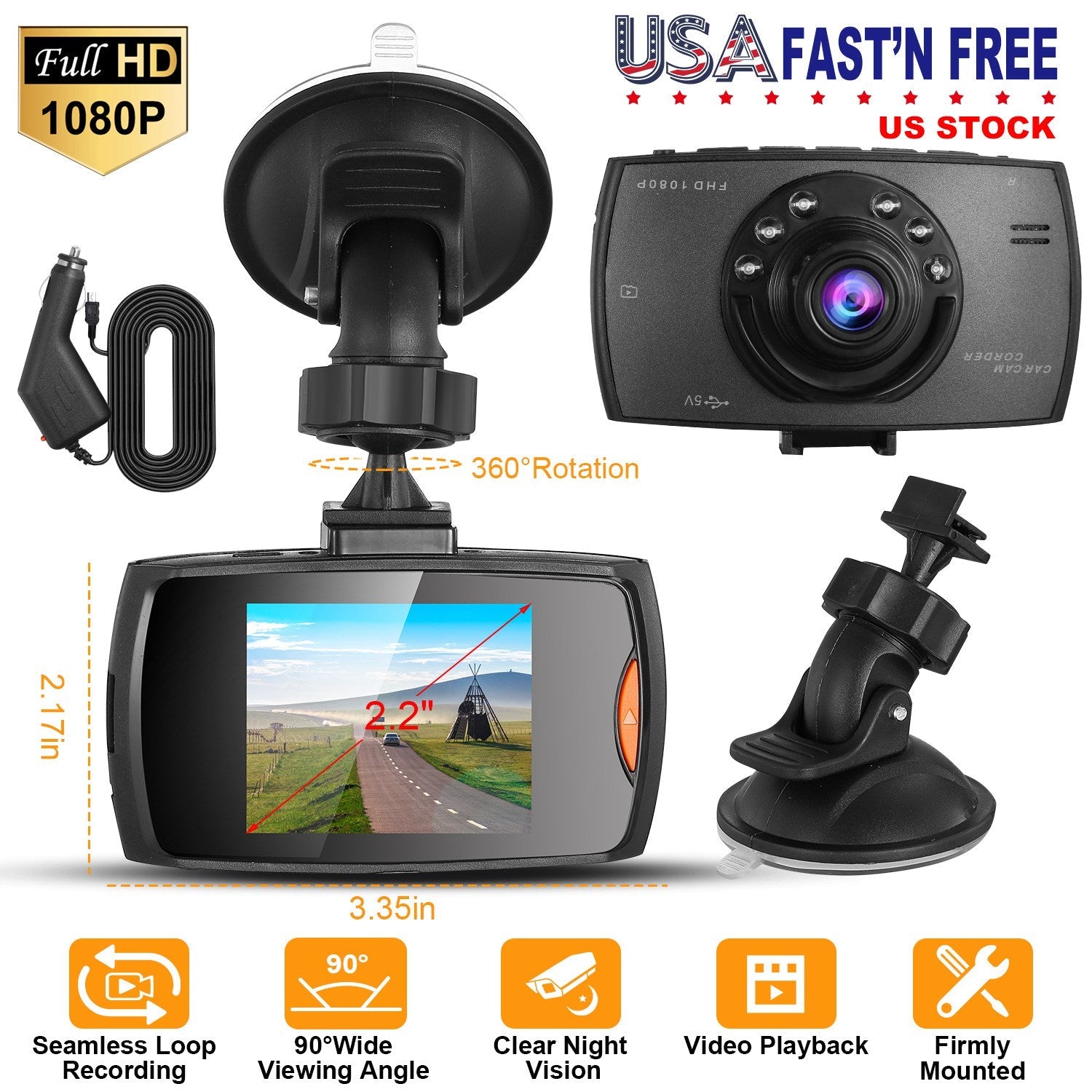 1080P Car DVR Camera Dash Cam Camcorder 90° Angle Loop Recording Night Vison