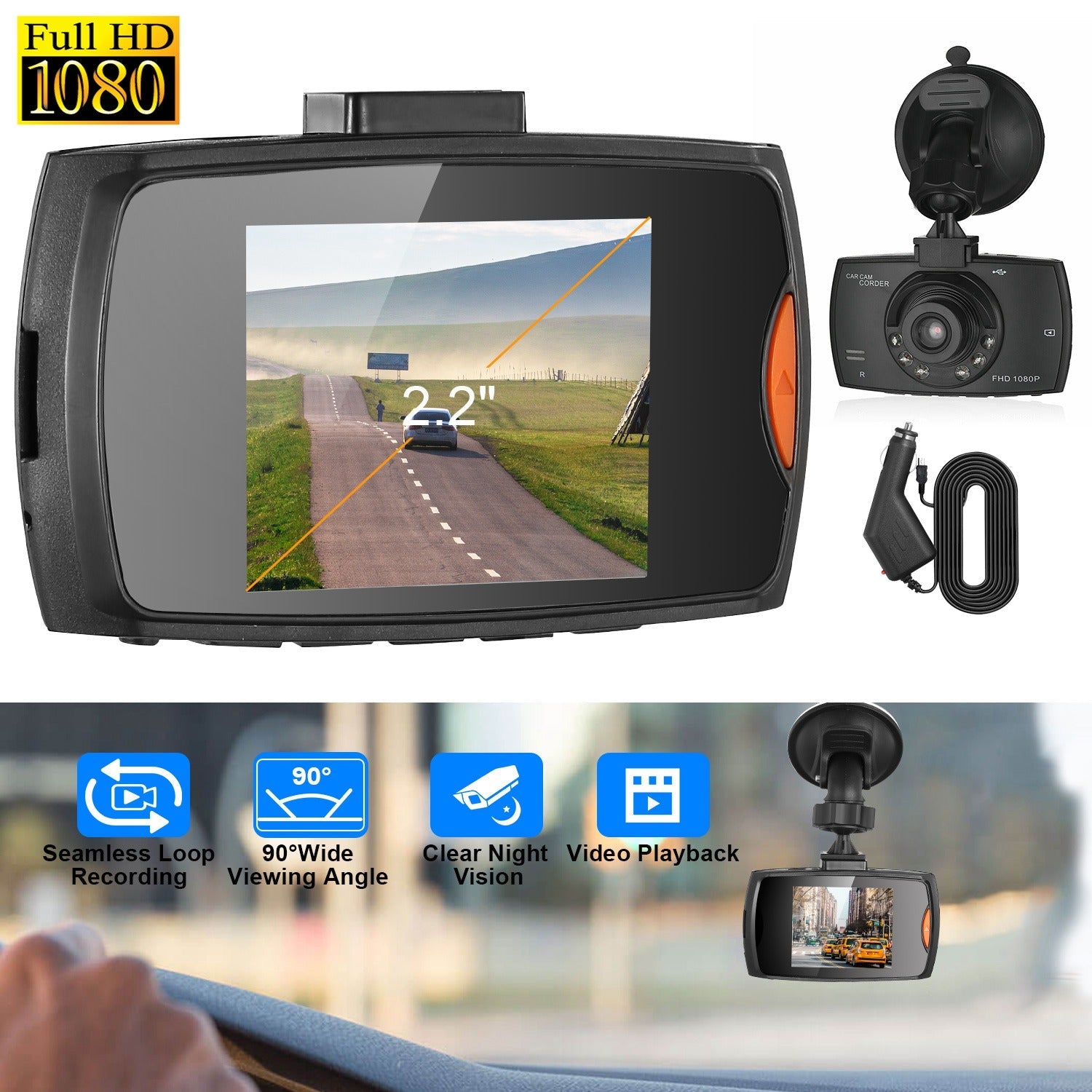 1080P Car DVR Camera Dash Cam Camcorder 90° Angle Loop Recording Night Vison