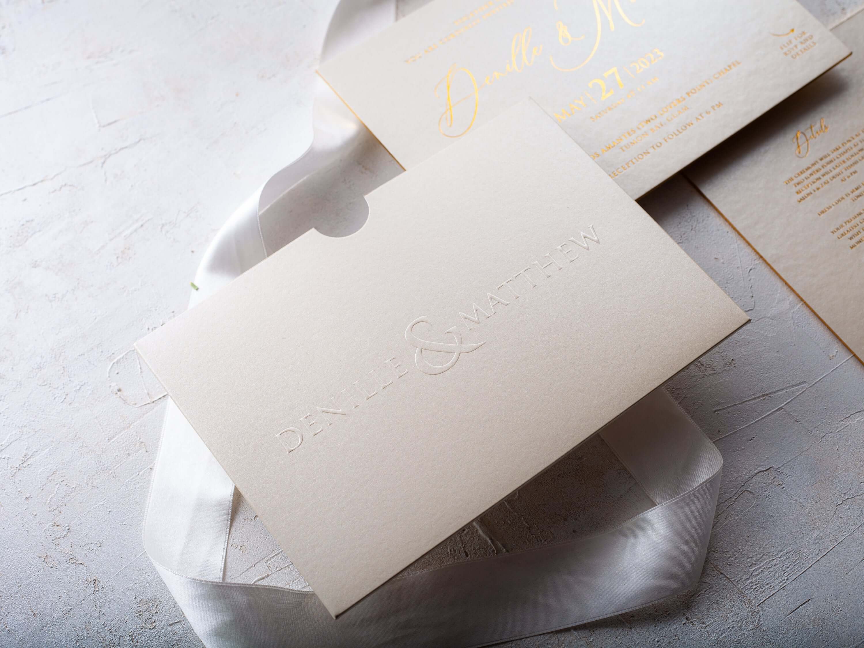 Ivory and Gold Embossed Wedding Invitations - Elegant Stationery Set