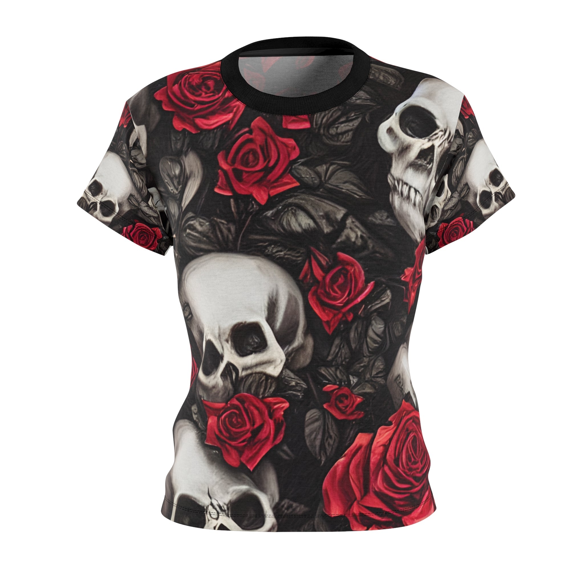 Hyper Realistic Skulls and Red Roses by artist Anne-Laure Goupil Women's Cut & Sew Tee (AOP)