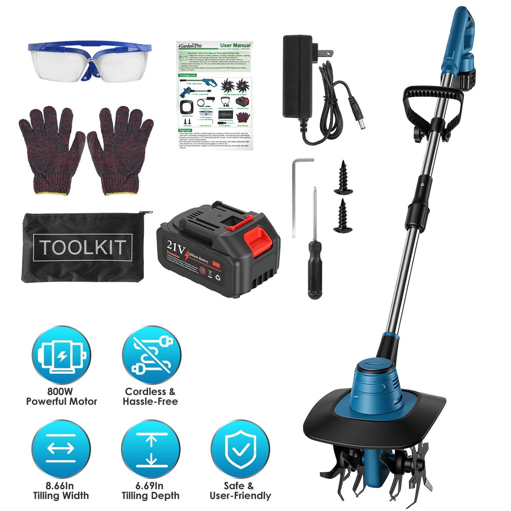 800W 21V Cordless Tiller Cultivator 3.0Ah Battery Powered Tiller with 8.66" Width 6.69" Depth Manganese Steel Tines for Soil Cultivation Weeding Garde