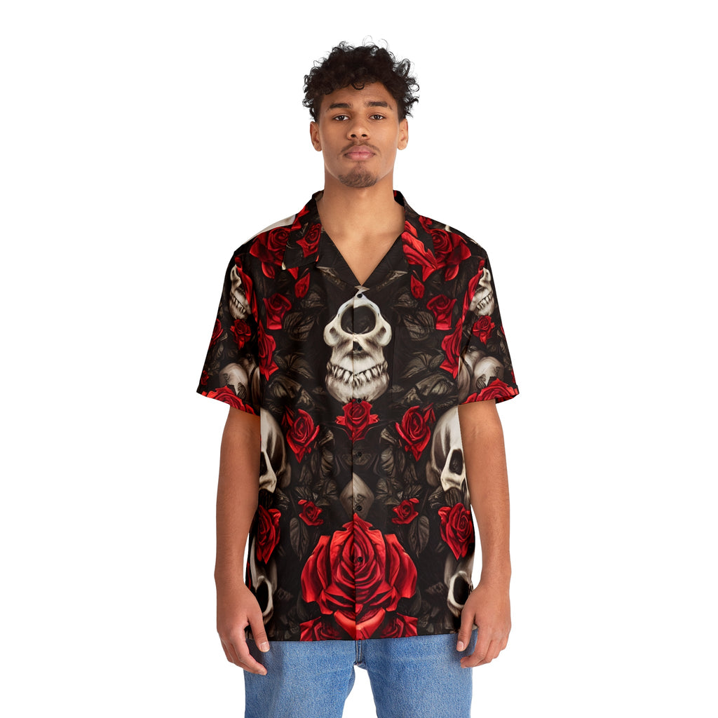 Hyper Realistic Skulls and Red Roses by artist Anne-Laure Goupil Men's Hawaiian Shirt (AOP)