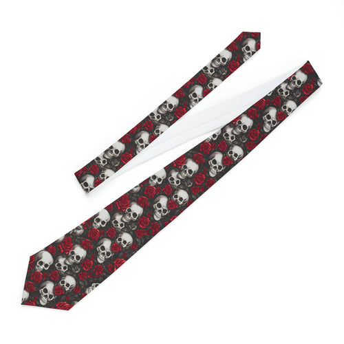 "DirkyThreadz Skull and Rose Necktie - Edgy Red and Black Design for Bold Elegance"
