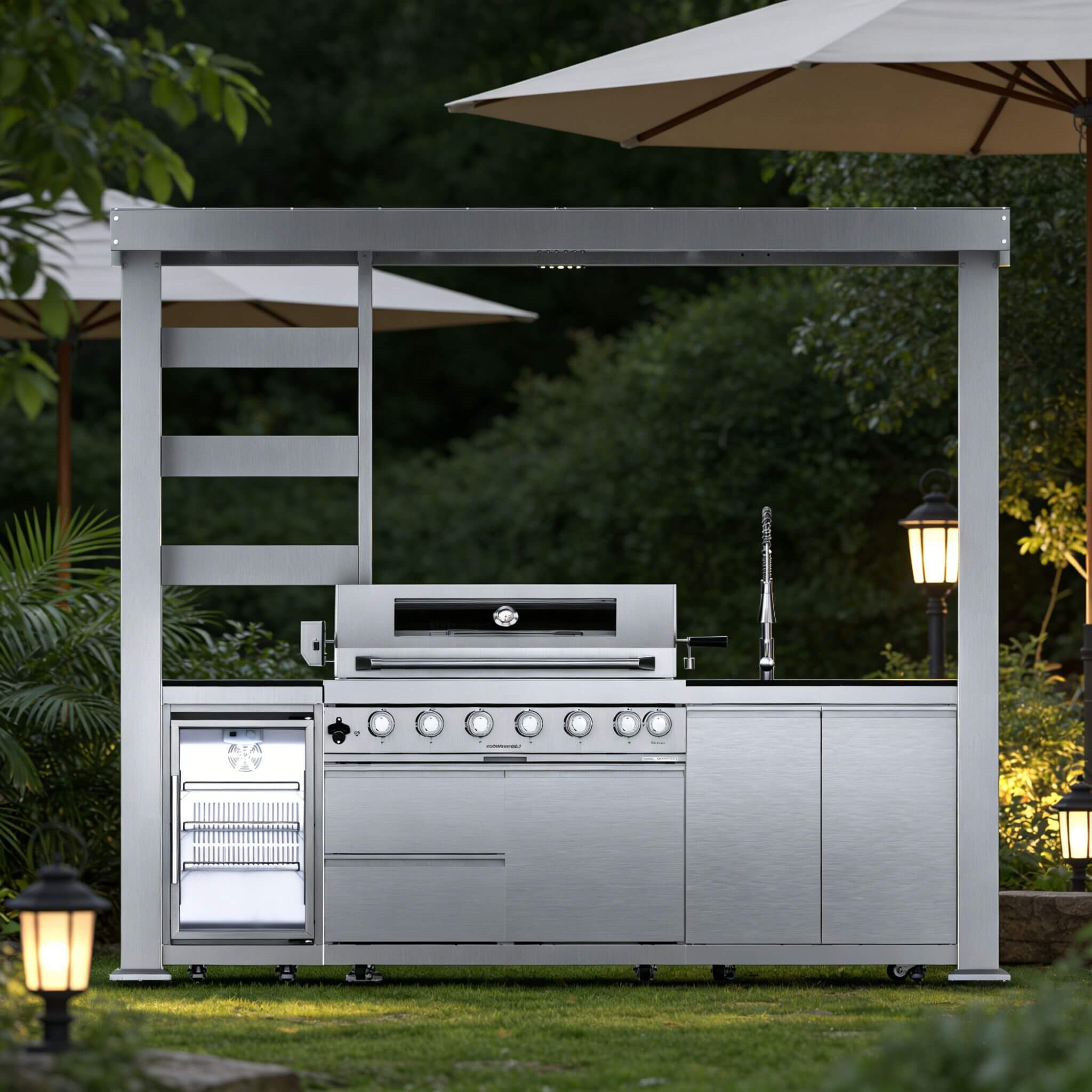 Castelle Flame Blaze 108-Inch 6-Burner 85K BTU Deluxe Stainless Steel Liquid Propane Outdoor Kitchen Grill Island With Wine Cooler, Rotisserie, Cabinets, And Granite Countertops (SAK58310)