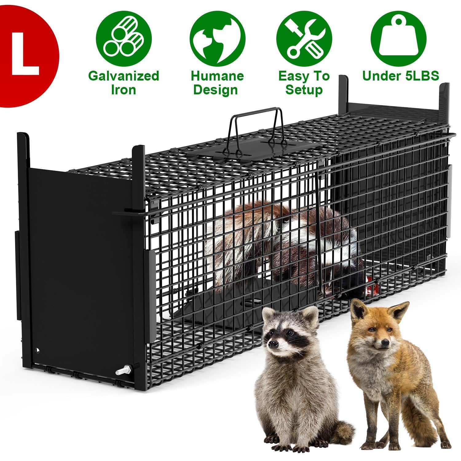 40in 2 Door Live Animal Cage Trap For Animals Under 18LBS Easy To Setup Humane Galvanized Iron Trap Cage For Raccoons Armadillos Foxes Opossums Muskra