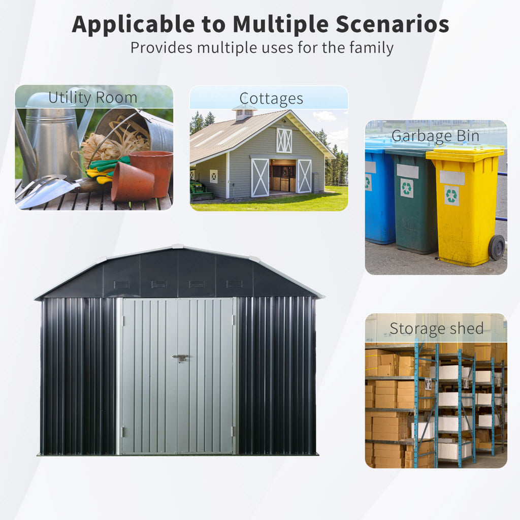 [10X12FT] Alora Heavy-Duty Outdoor Metal Garden Backyard Shed With Arch Roof And Lockable Doors (SAK57431)