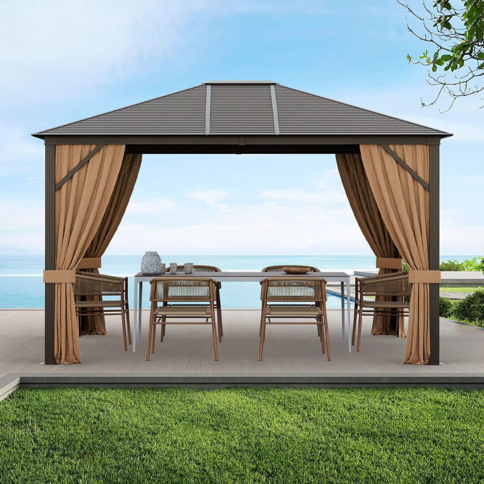 [10X12FT] Alora Premium Outdoor Hardtop Patio Gazebo W/ Galvanized Steel Top & Aluminum Frame (SAK74065)