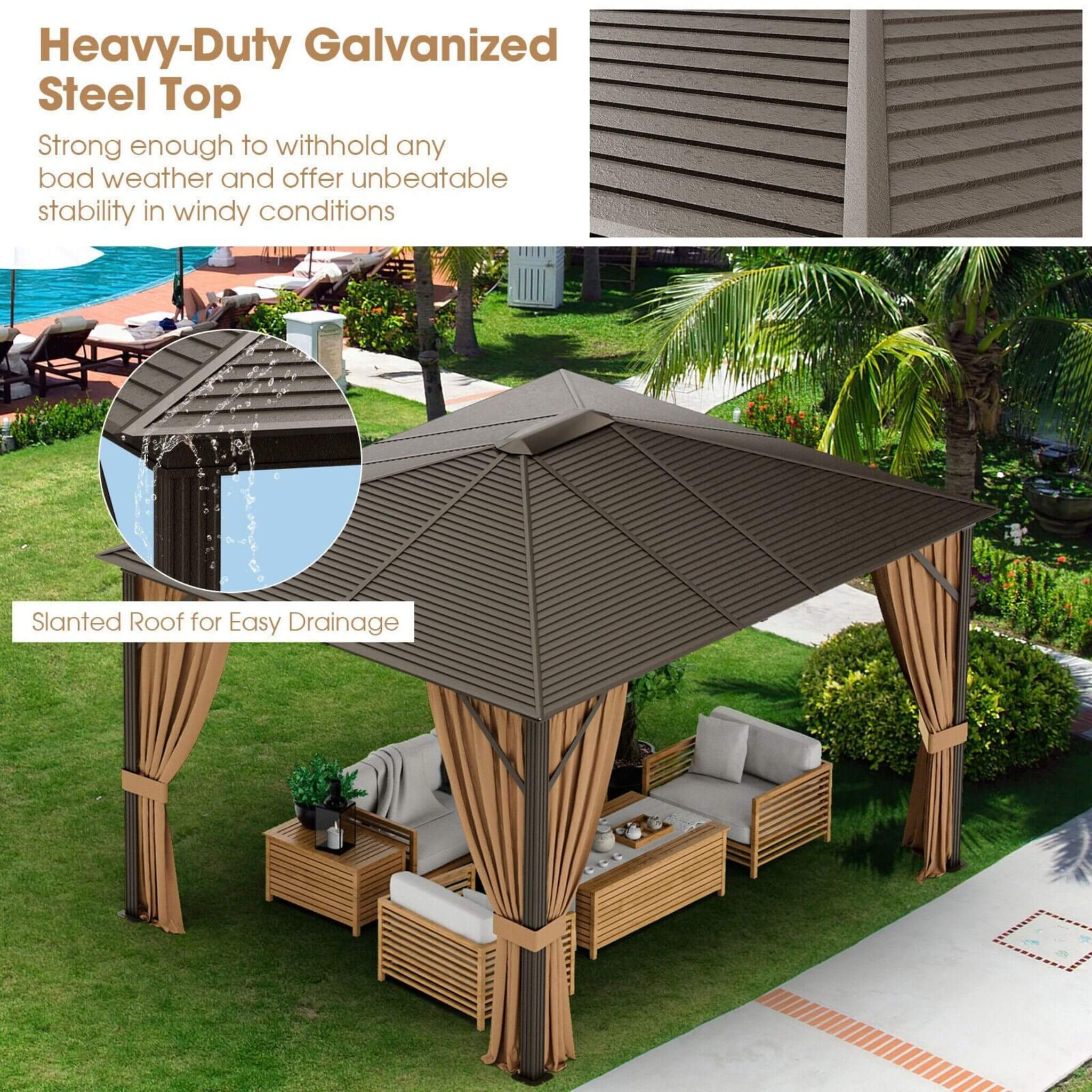 [10X12FT] Alora Premium Outdoor Hardtop Patio Gazebo W/ Galvanized Steel Top & Aluminum Frame (SAK74065)