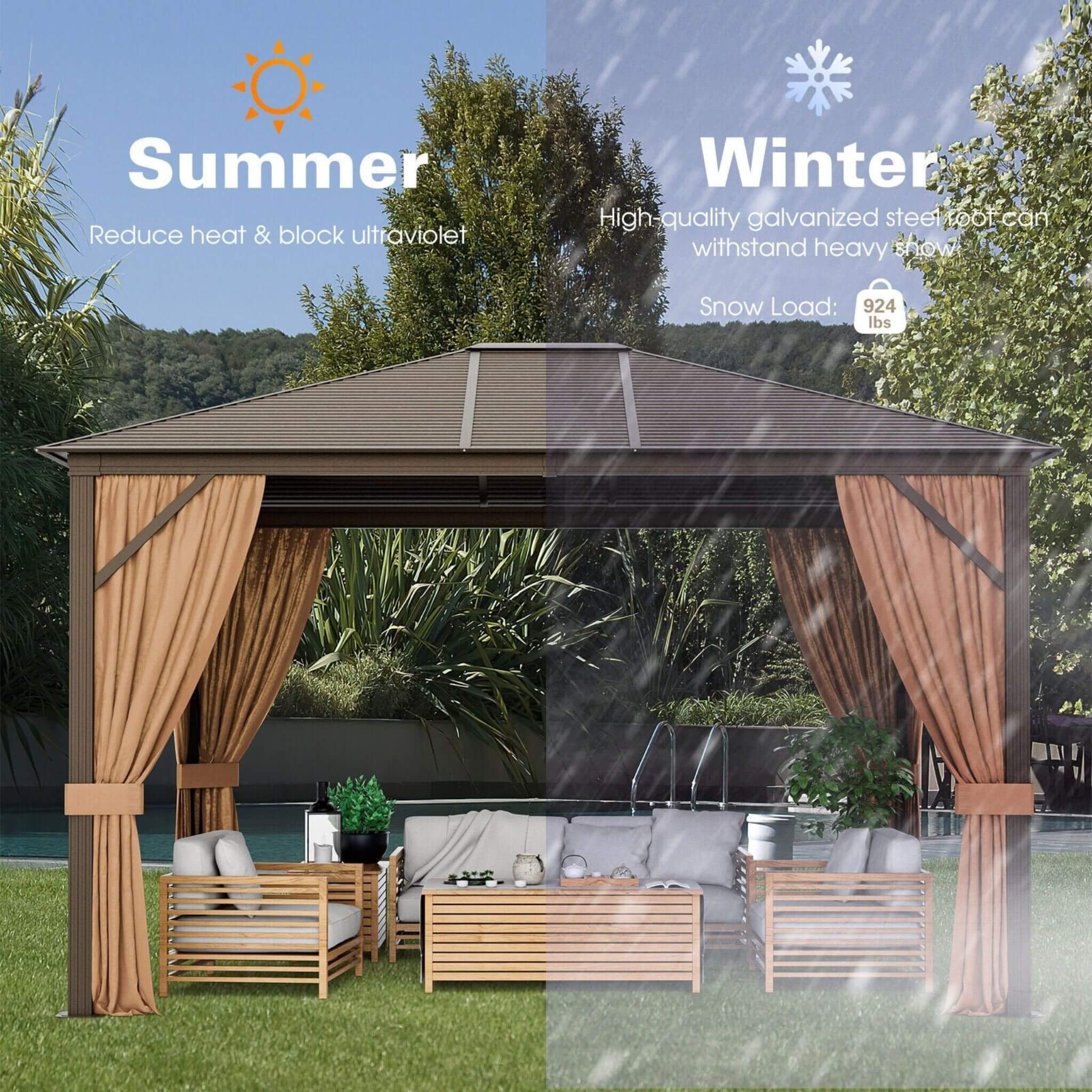 [10X12FT] Alora Premium Outdoor Hardtop Patio Gazebo W/ Galvanized Steel Top & Aluminum Frame (SAK74065)