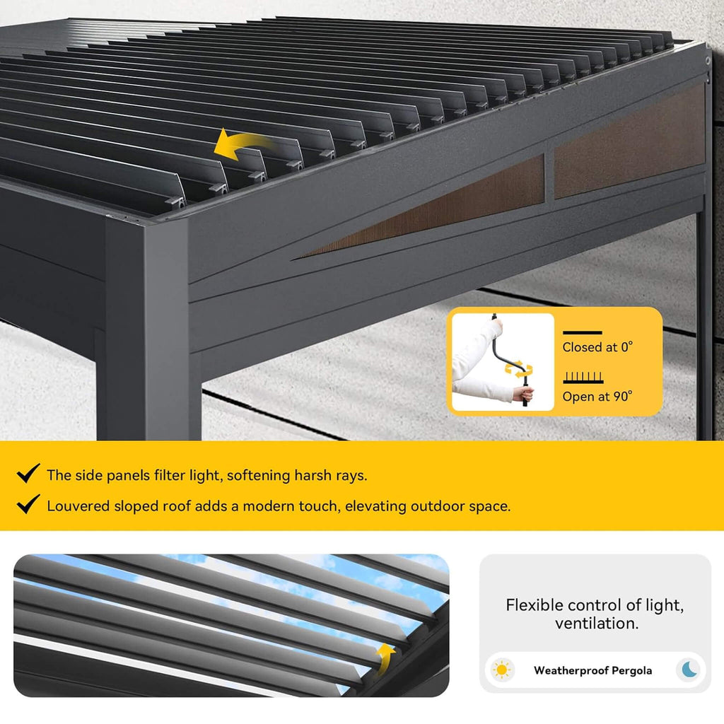 [10X20FT] Alora Luxury Wall-Mounted Aluminum Louvered Pergola With Pull-Down Screens (SAK91537)