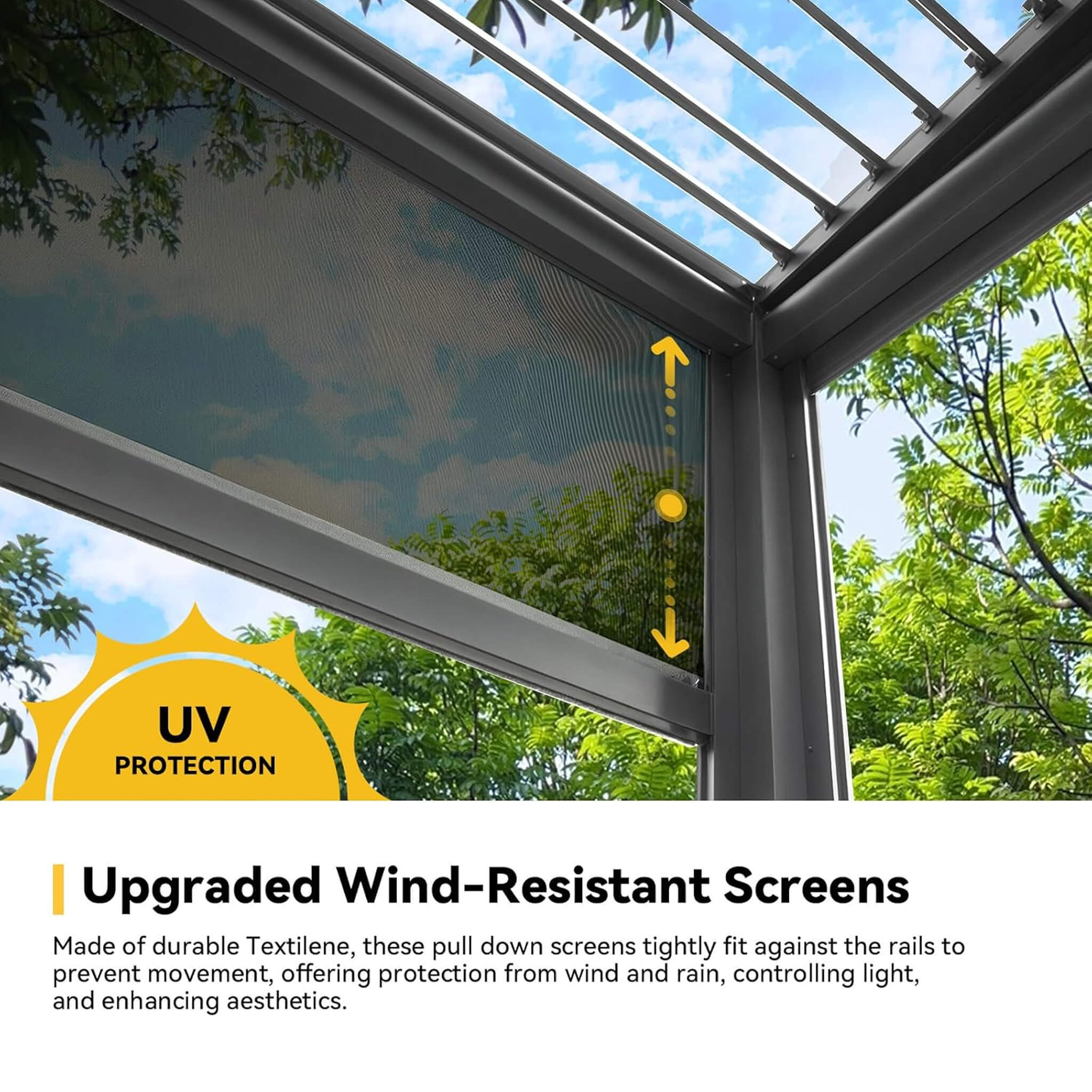 [10X20FT] Alora Luxury Wall-Mounted Aluminum Louvered Pergola With Pull-Down Screens (SAK91537)