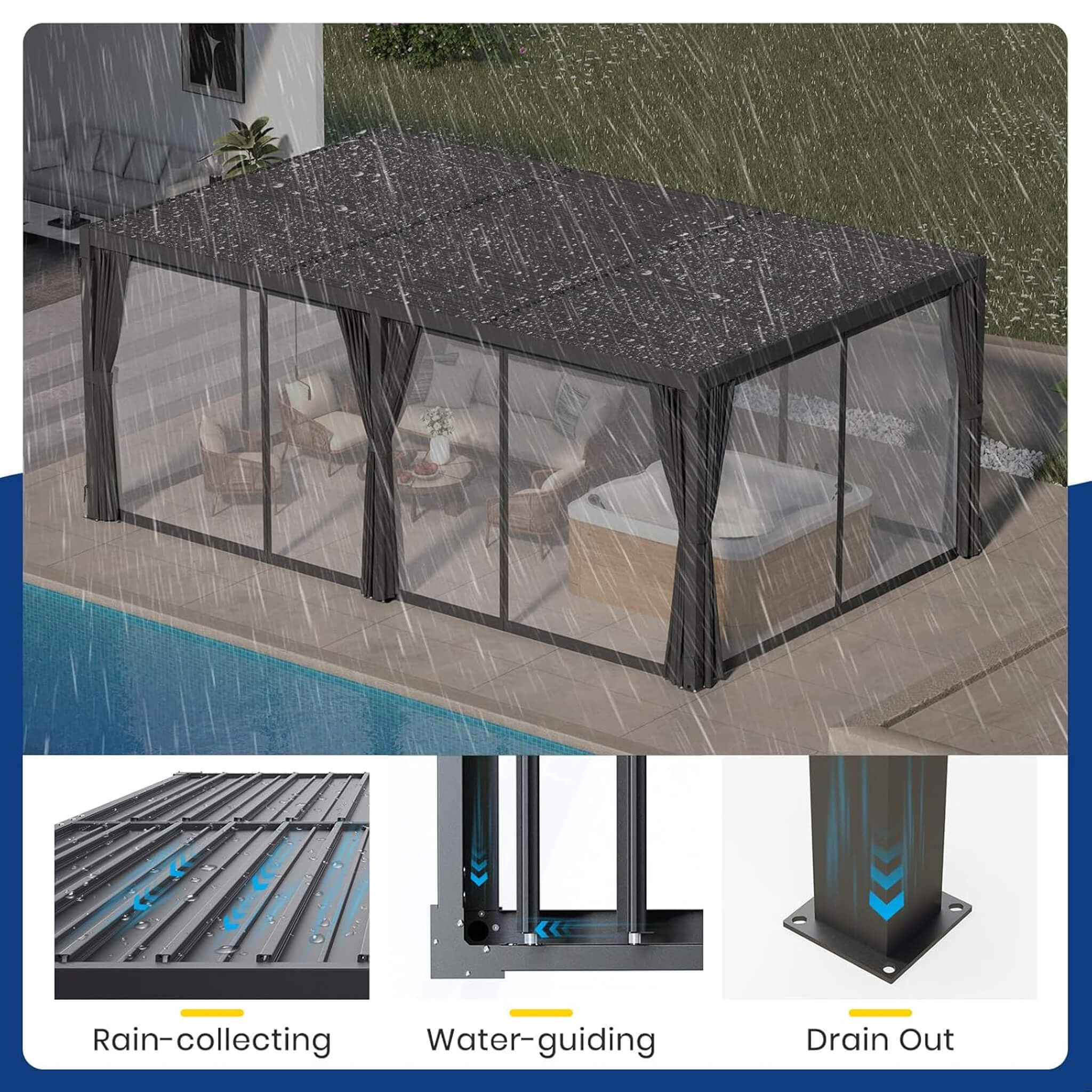 [10X20FT] Alora Premium Louvered Pergola With Curtains And Netting (SAK67041)
