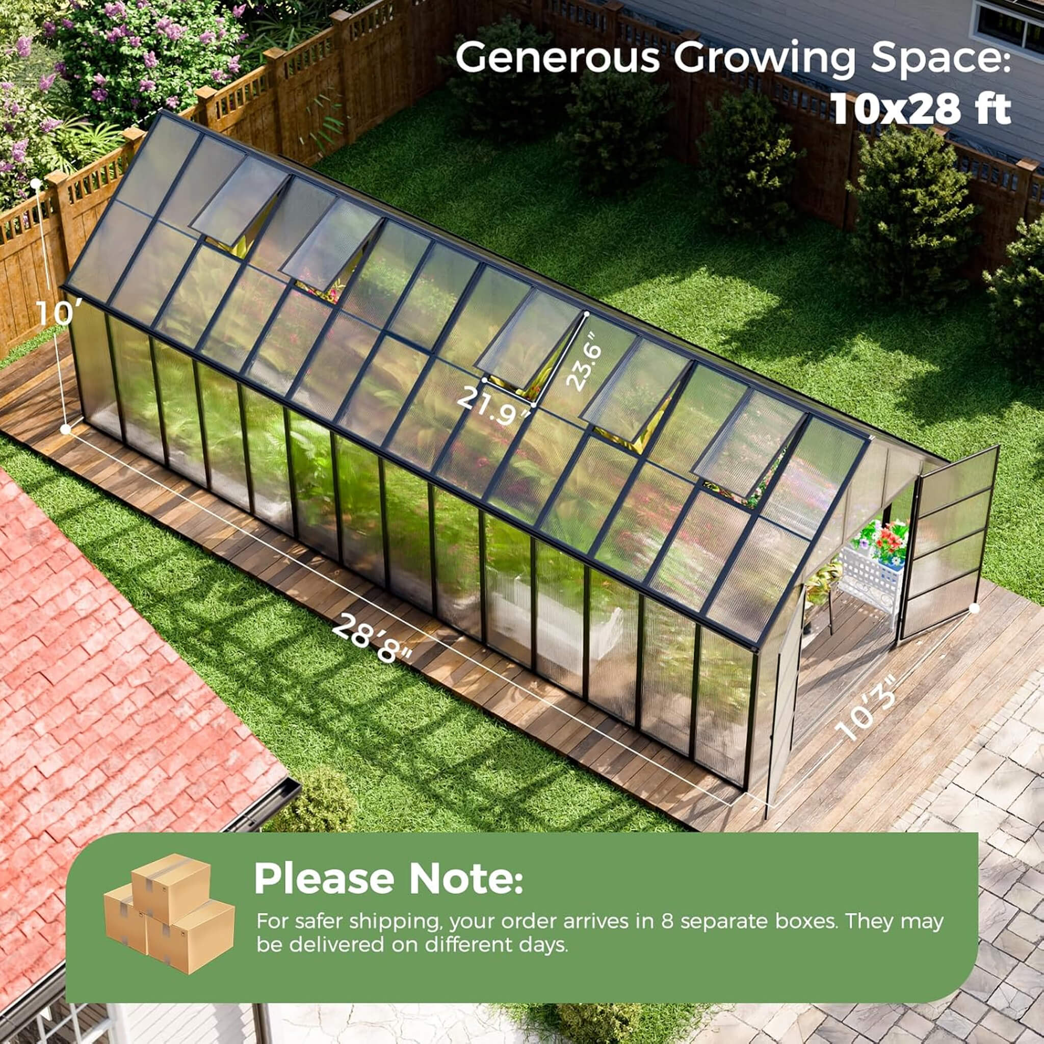 [10X28FT] Heavy-Duty Outdoor Aluminum Polycarbonate Greenhouse With Roof Vents And Swing Doors, 4MM (SAK24618)
