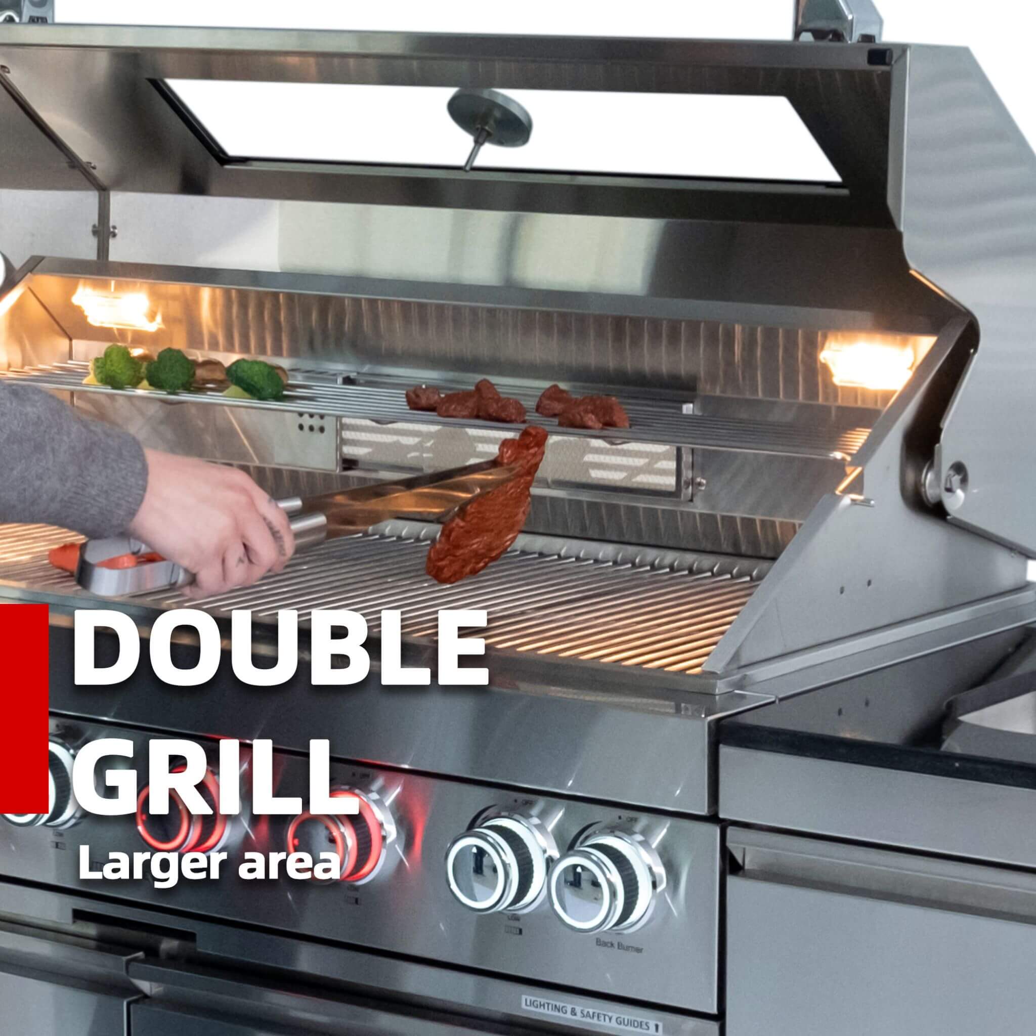 Castelle Flame Imperial 110-Inch 4-Burner 72K BTU Deluxe Stainless Steel Outdoor Kitchen Grill Island With Wine Cooler, Rotisserie, Cabinets, And Granite Countertops (SAK94721)