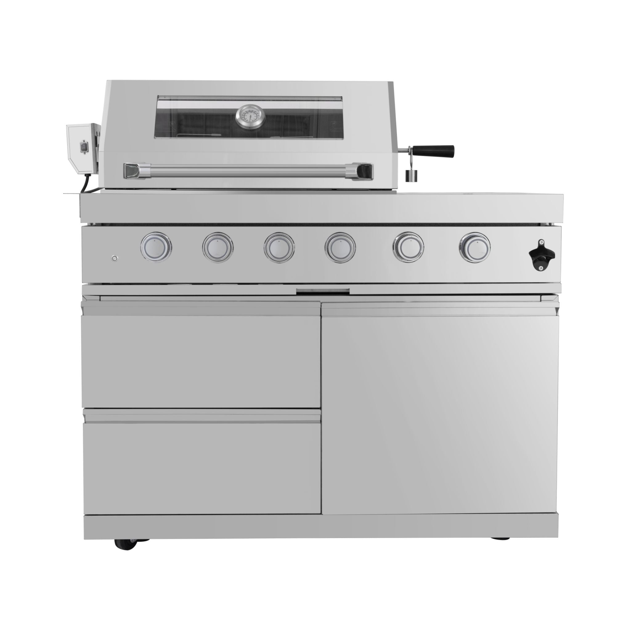 Castelle Flame Imperial 110-Inch 4-Burner 72K BTU Deluxe Stainless Steel Outdoor Kitchen Grill Island With Wine Cooler, Rotisserie, Cabinets, And Granite Countertops (SAK94721)