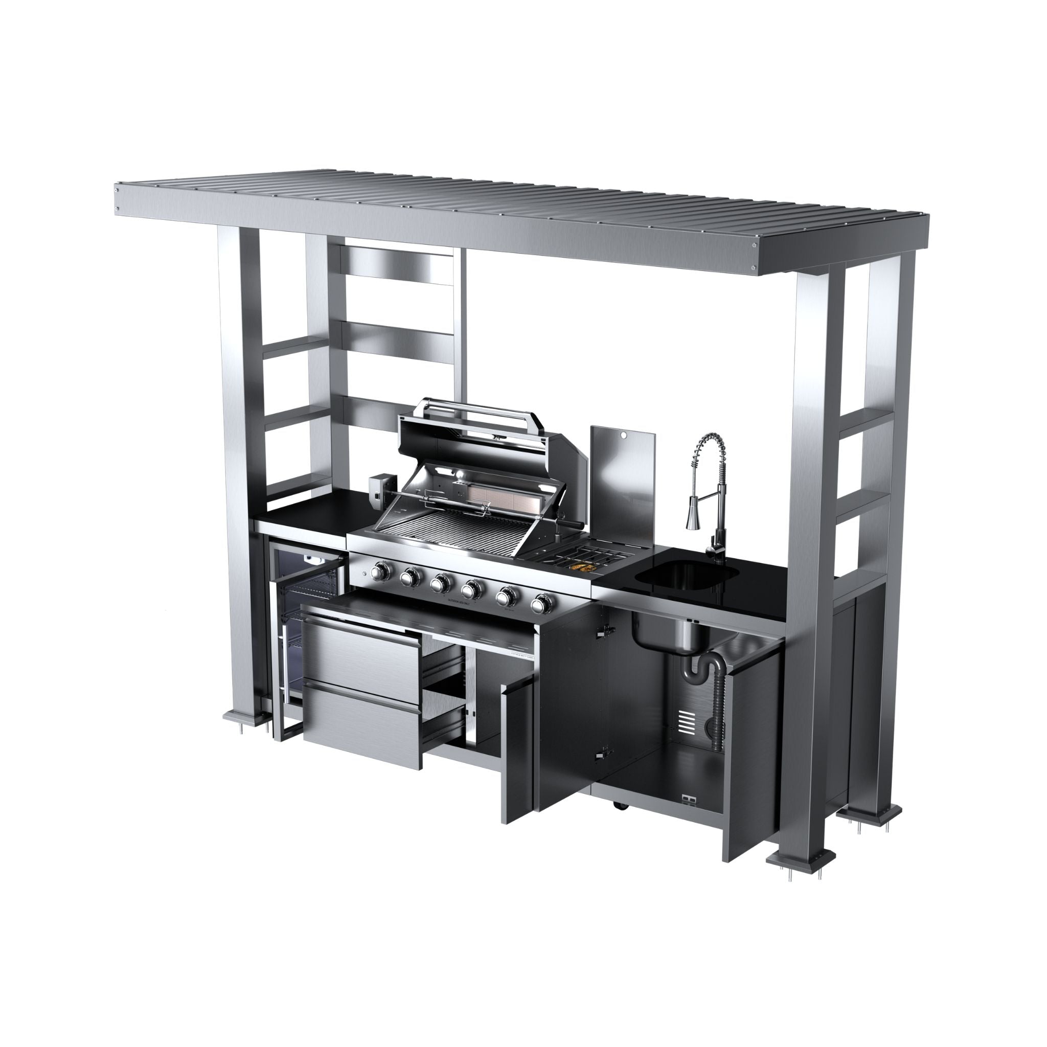 Castelle Flame Imperial 110-Inch 4-Burner 72K BTU Deluxe Stainless Steel Outdoor Kitchen Grill Island With Wine Cooler, Rotisserie, Cabinets, And Granite Countertops (SAK94721)