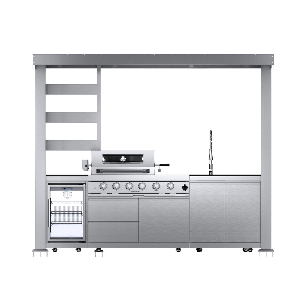 Castelle Flame Imperial 110-Inch 4-Burner 72K BTU Deluxe Stainless Steel Outdoor Kitchen Grill Island With Wine Cooler, Rotisserie, Cabinets, And Granite Countertops (SAK94721)