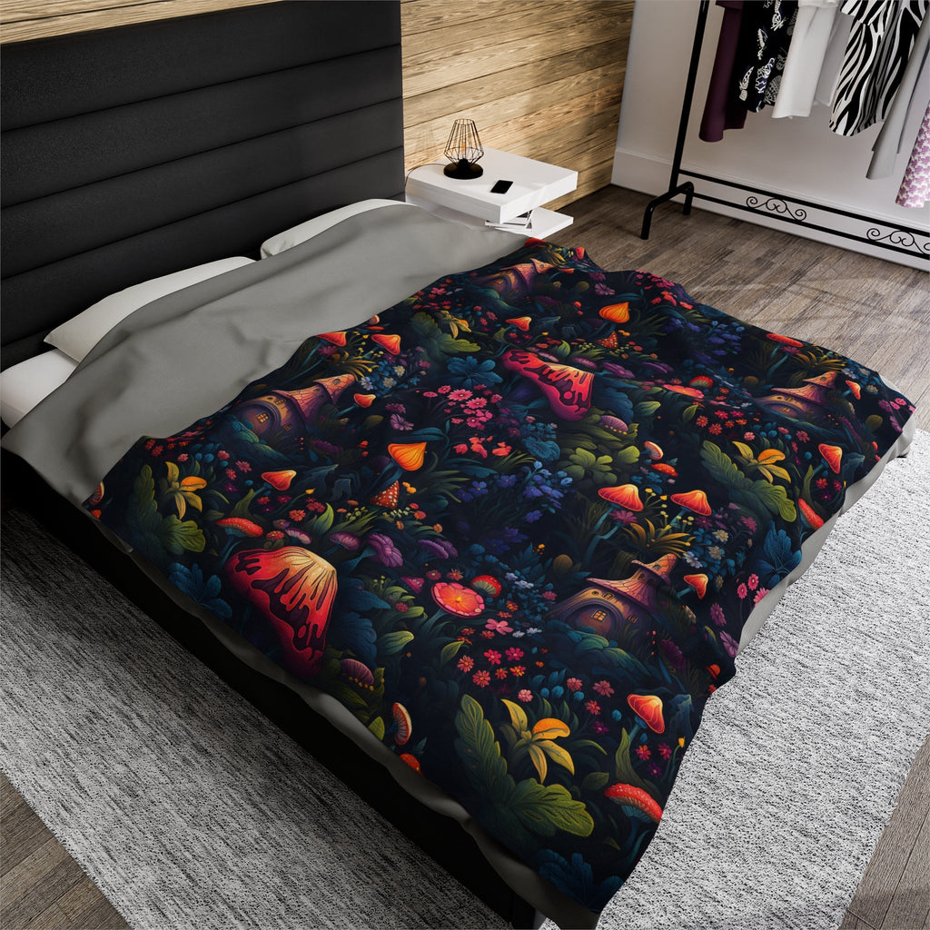 Fairy Tale Magical Forest With Colorful Mushrooms Velveteen Plush Blanket