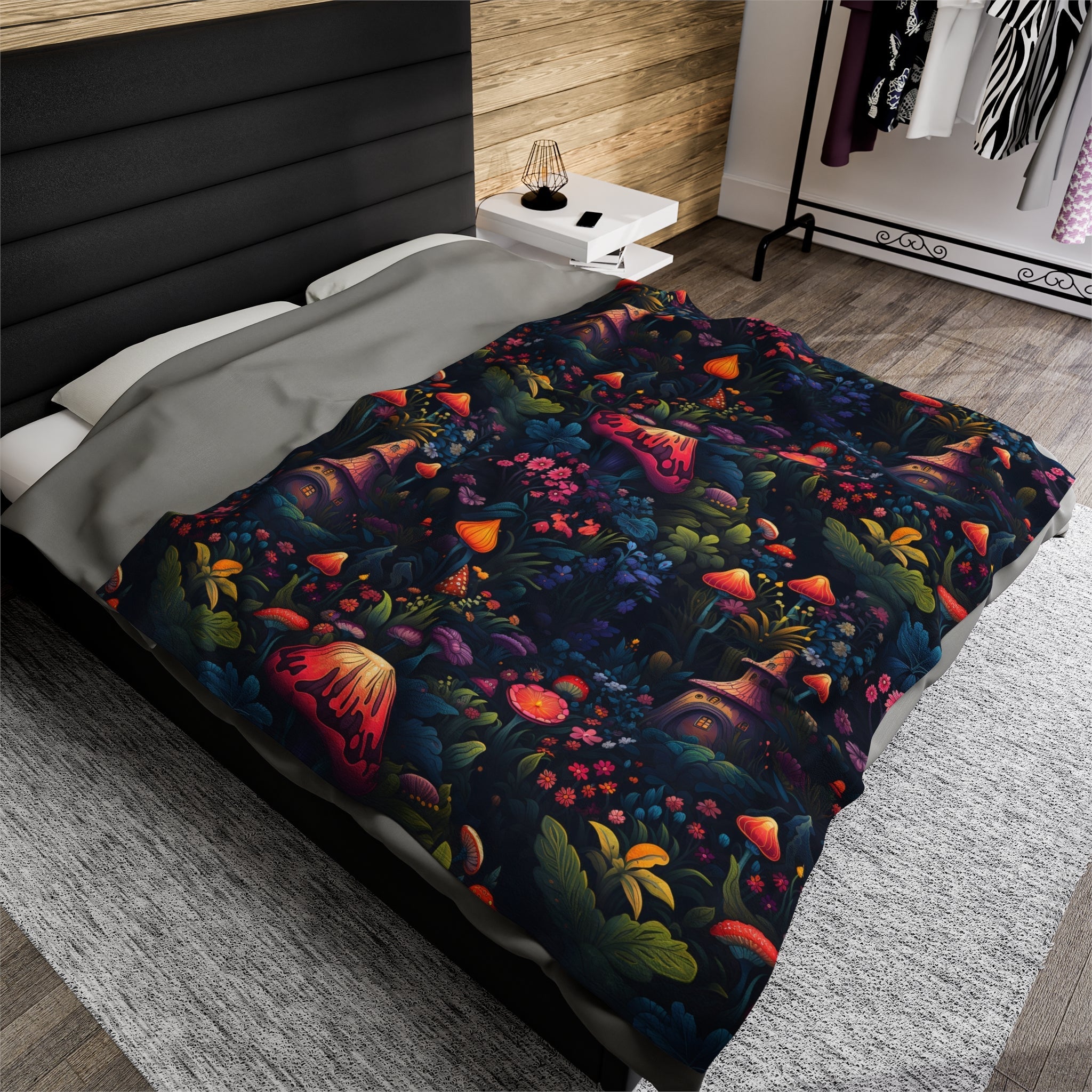 Fairy Tale Magical Forest With Colorful Mushrooms Velveteen Plush Blanket