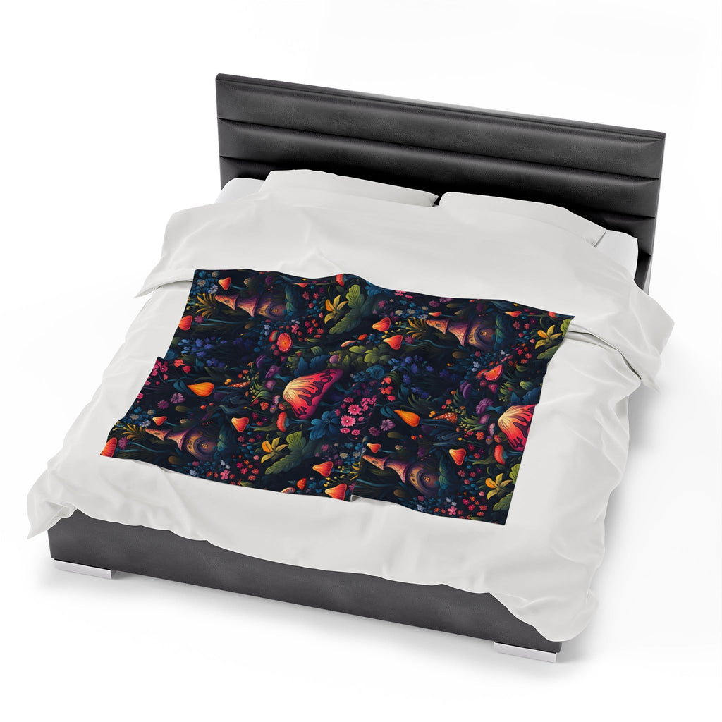 Fairy Tale Magical Forest With Colorful Mushrooms Velveteen Plush Blanket