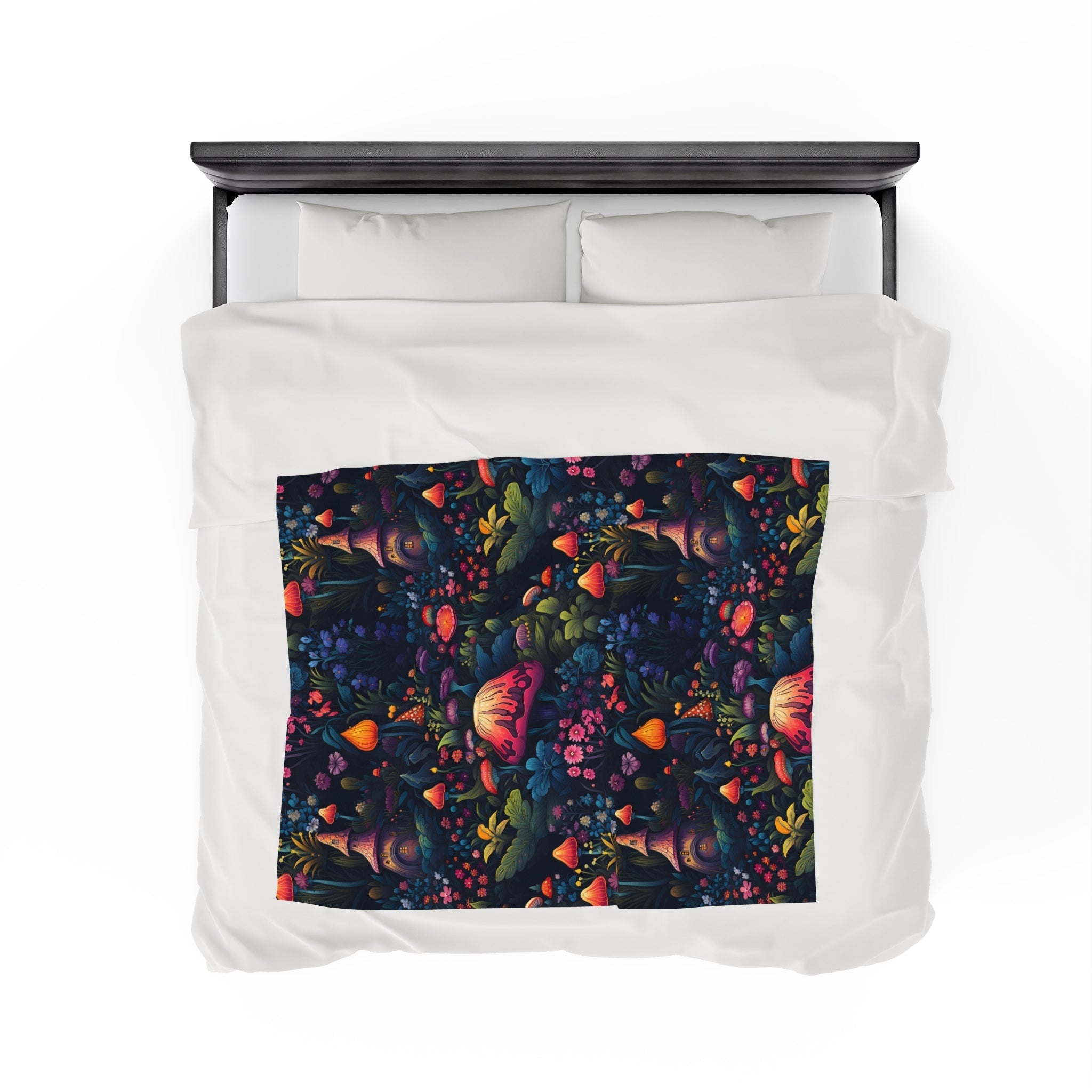 Fairy Tale Magical Forest With Colorful Mushrooms Velveteen Plush Blanket