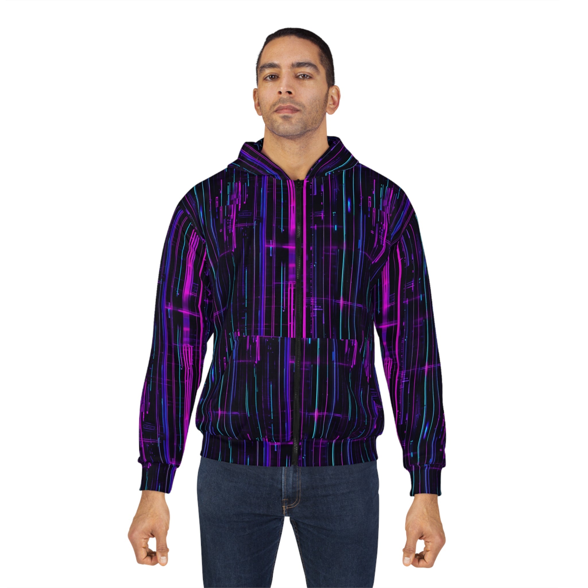 Cyberpunk Future Unisex (AOP) Zip Hoodie - Neon Lights, 3D Circuit Board, Blue Cyborg Skull