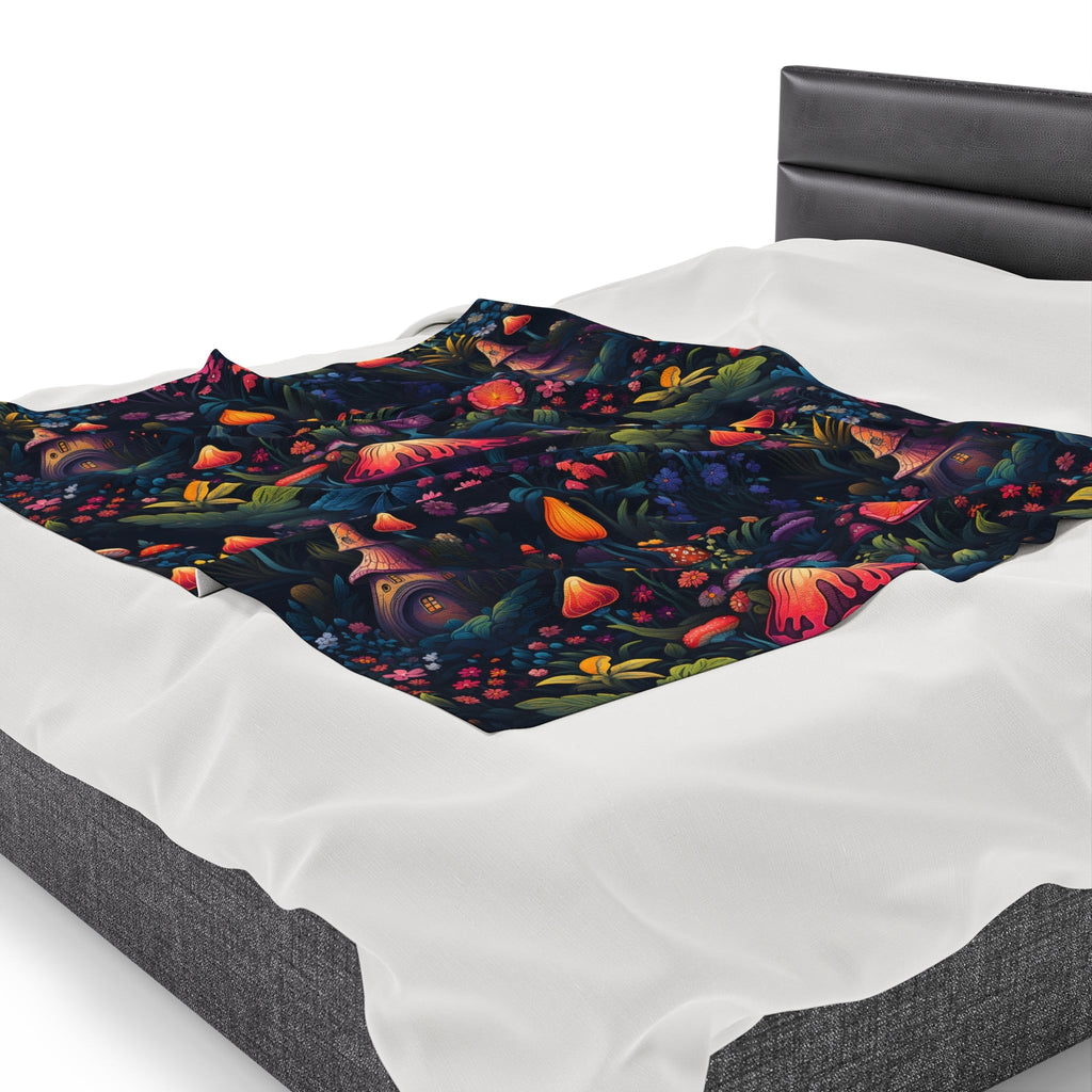 Fairy Tale Magical Forest With Colorful Mushrooms Velveteen Plush Blanket