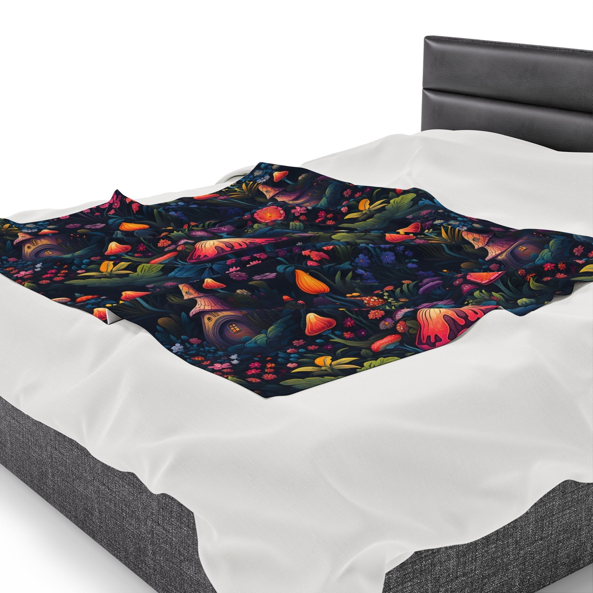 Fairy Tale Magical Forest With Colorful Mushrooms Velveteen Plush Blanket