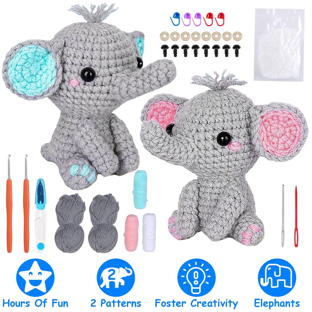 Elephant Crochet Kit Crochet Kit for Beginners DIY Knitting Supplies for Kids Adults 2 Types of Elephants
