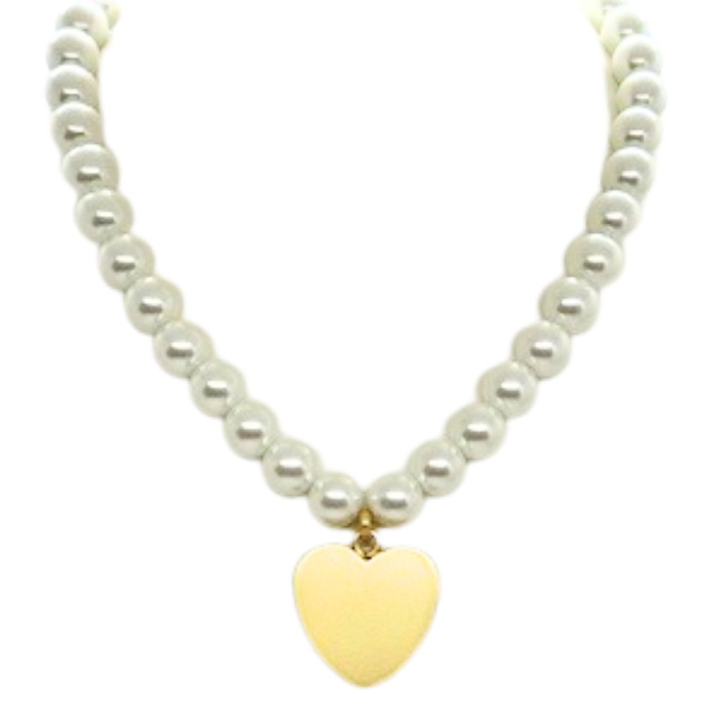White 14MM Pearls With Large Matte Gold Heart Pendant