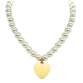 White 14MM Pearls With Large Matte Gold Heart Pendant
