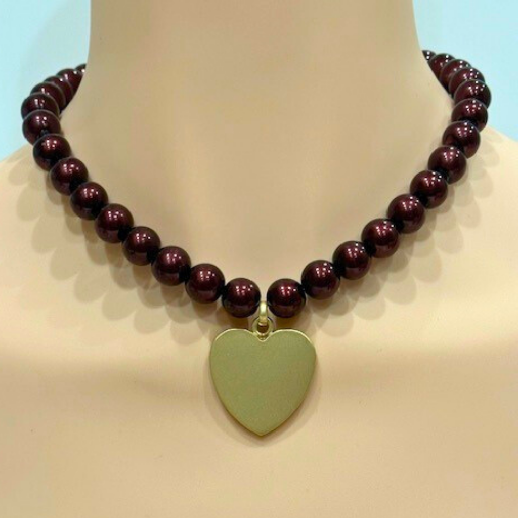 Burgundy 12MM Pearls With Medium Matte Gold Heart Pendant