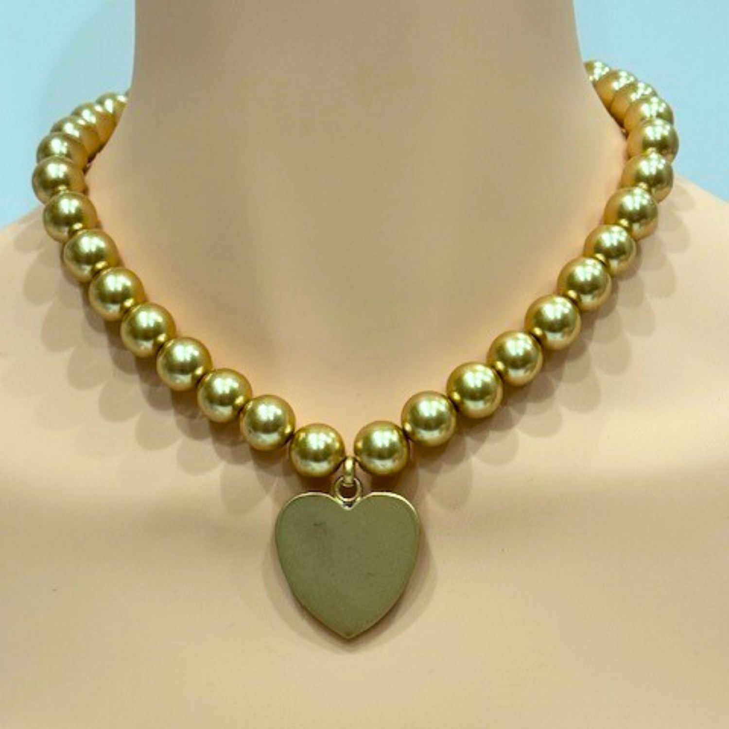 Champagne 12MM Pearls With Medium Matte Gold Heart Pendant