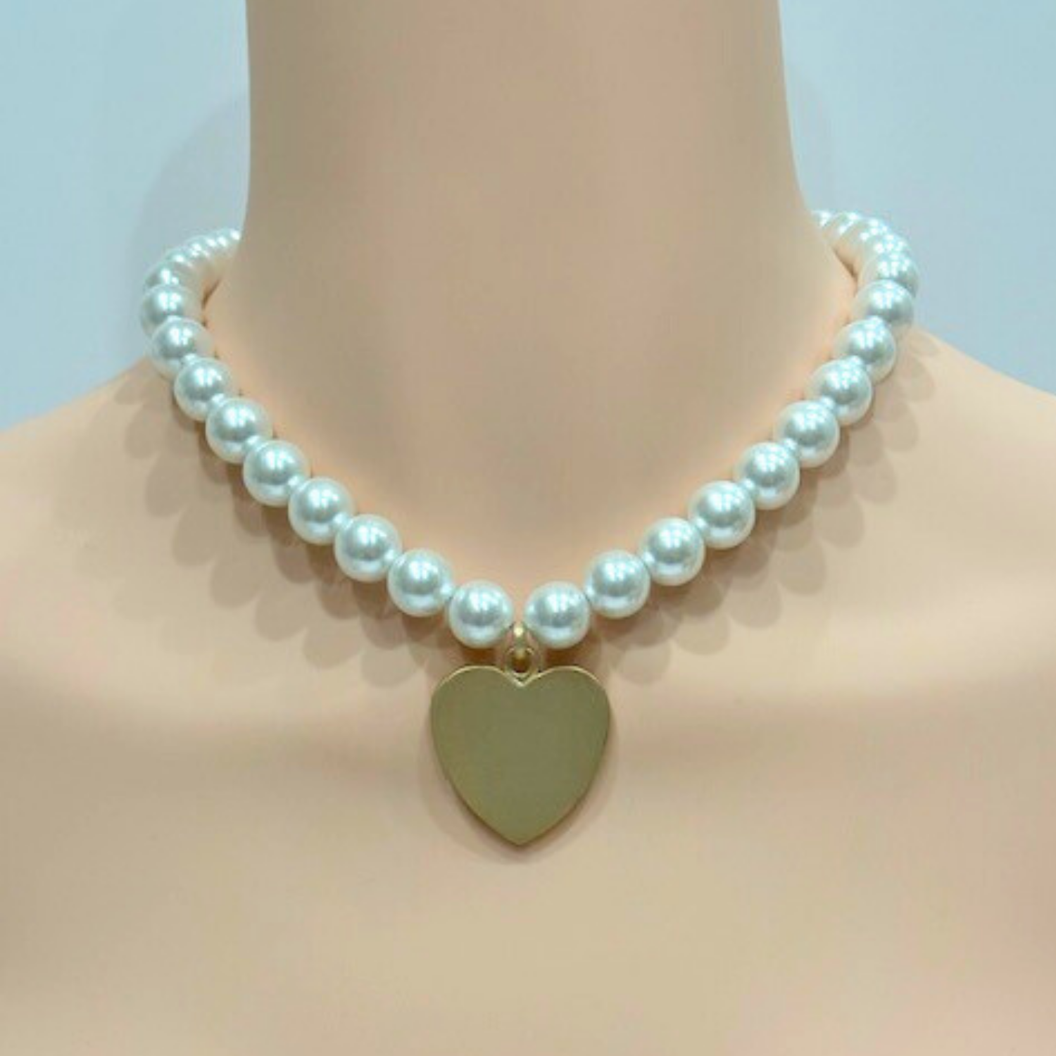 White 12MM Pearls With Medium Matte Gold Heart Pendant