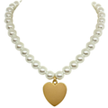 White 12MM Pearls With Medium Matte Gold Heart Pendant