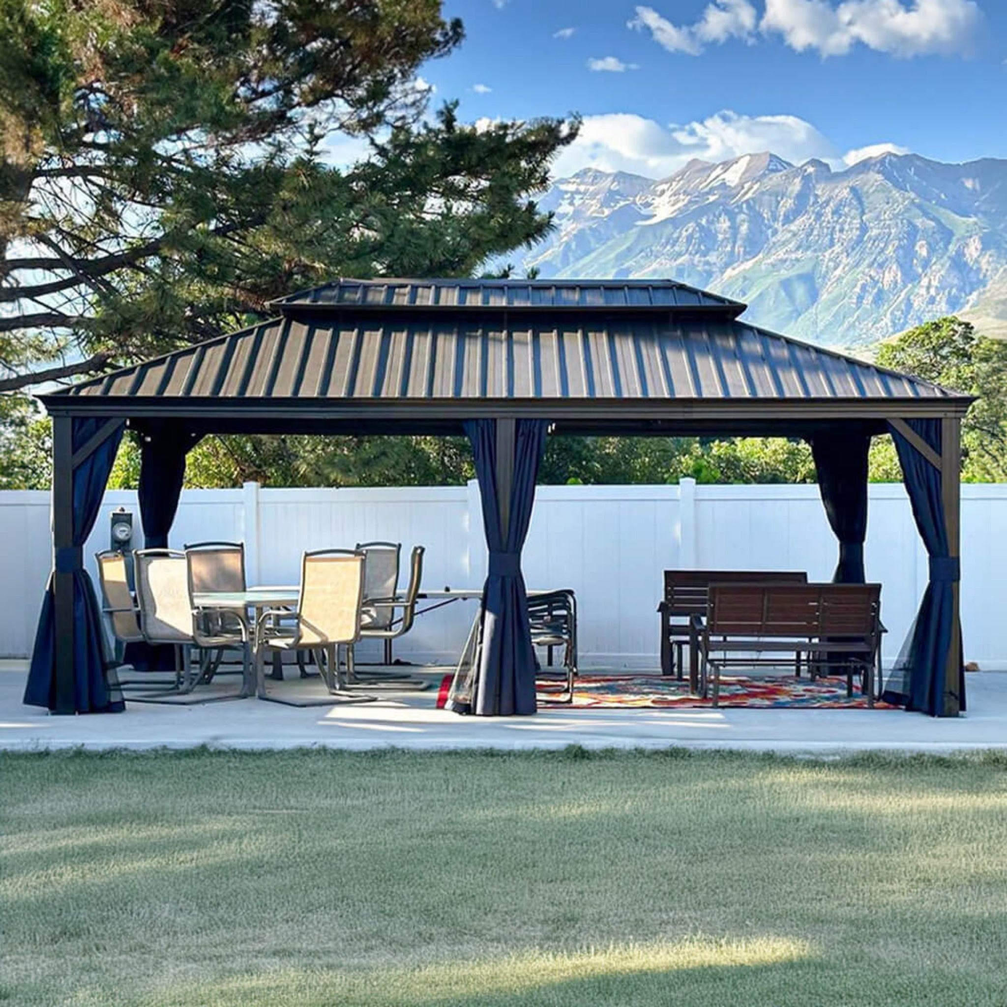 [12X20FT] Alora Heavy-Duty Outdoor Backyard Hardtop Gazebo With Netting And Curtains (SAK18352)