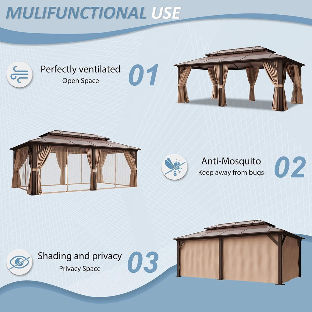 [12X20FT] Alora Premium Aluminum Outdoor Polycarbonate Hardtop Gazebo With Netting & Curtains (SAK36580)