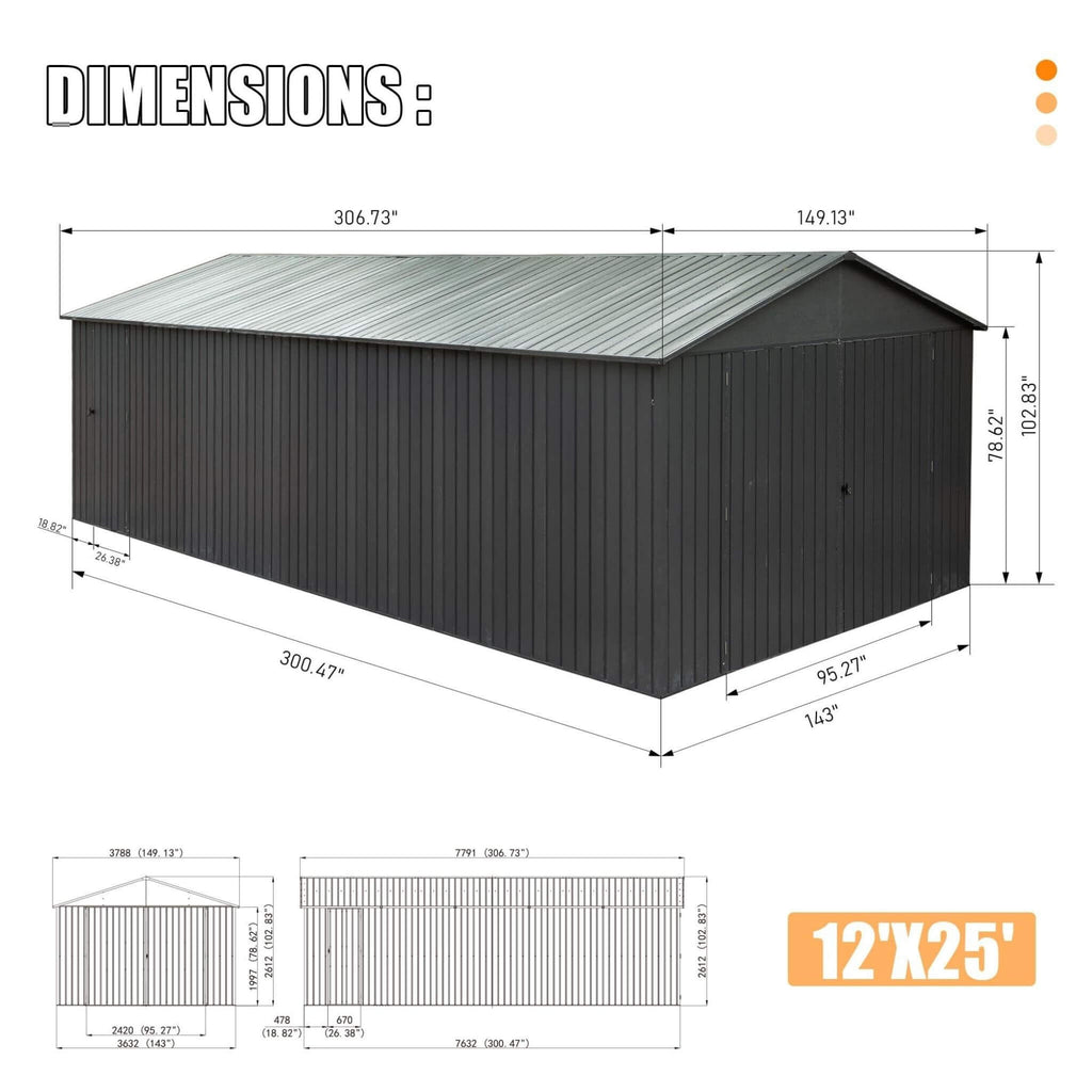 [12X25FT] Alora Extra Large Heavy-Duty Outdoor Metal Carport Garage Shed With Lockable Double Hinged Doors (SAK34153)