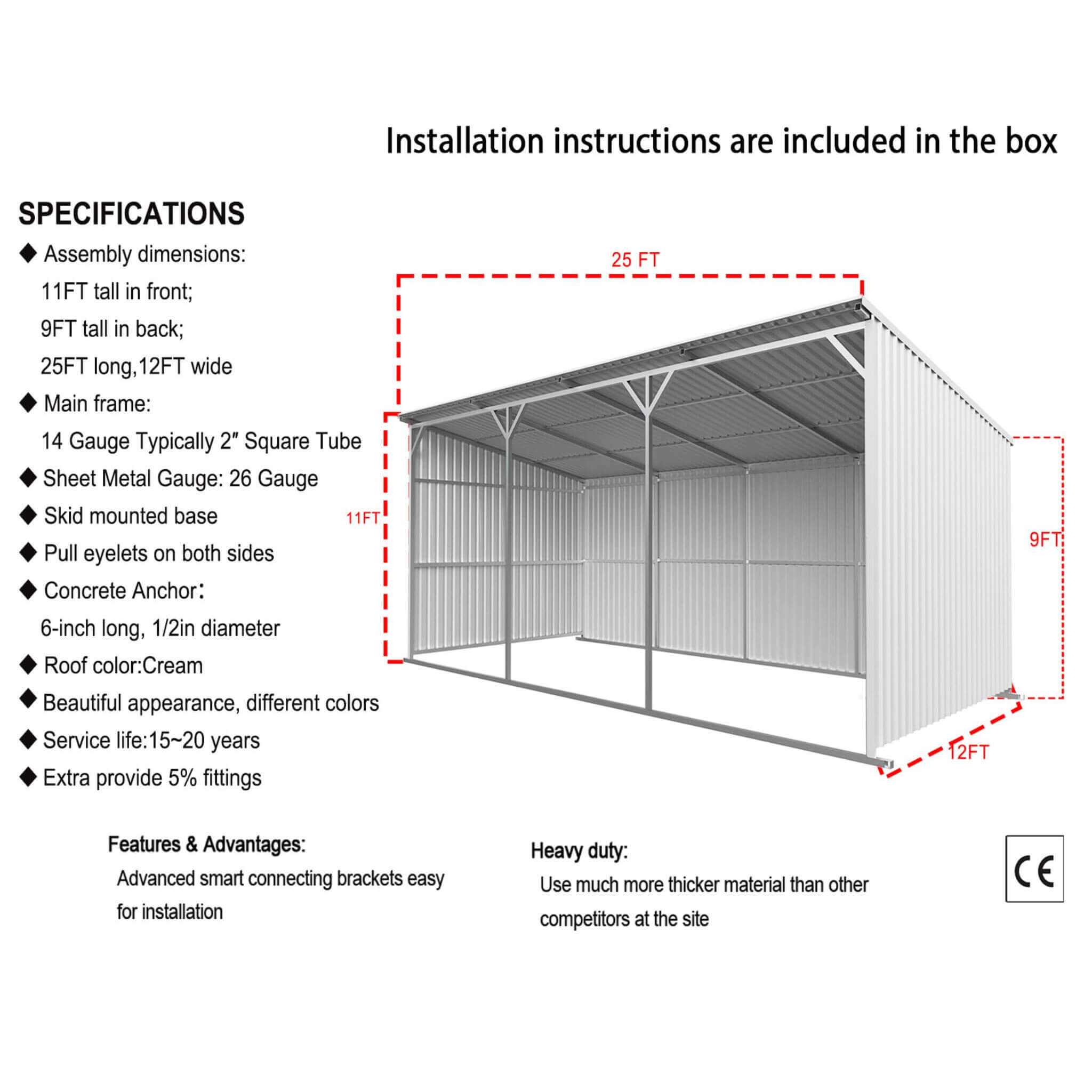 [12X25FT] Alora Heavy-Duty Galvanized steel Storage Equipment Shed (SAK20471)