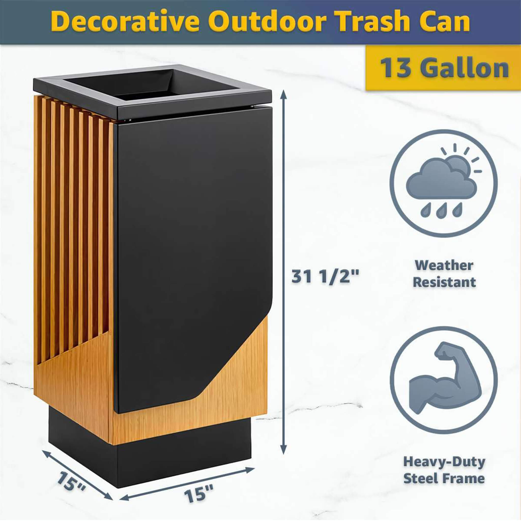 13-Gallon Heavy-Duty Commercial Outdoor Square Decorative Trash Can (SAK30467)